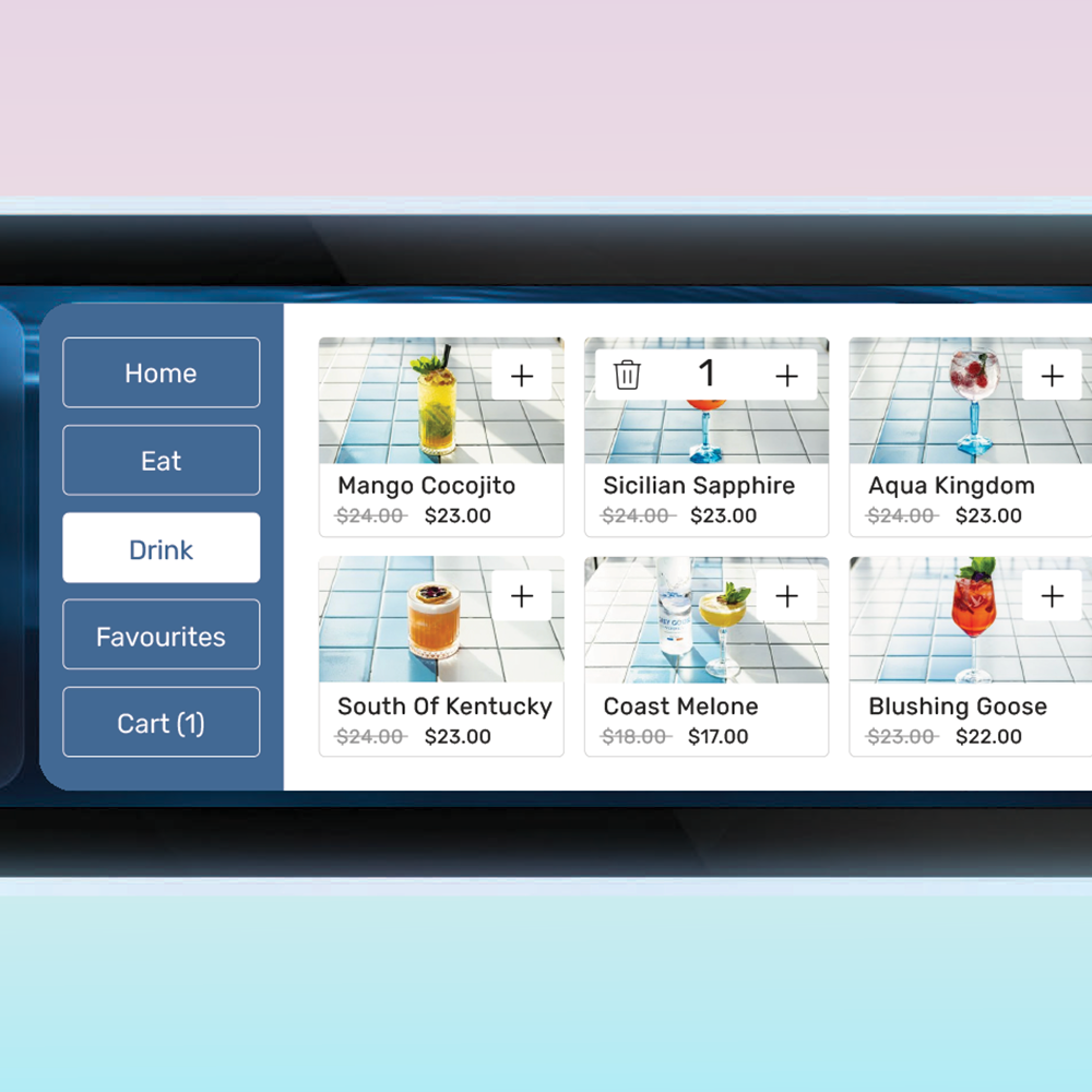 Screenshots of a digital menu displaying various cocktails on the drink menu section, with options to add each drink to a cart. The drinks include Mango Cocojito, Sicilian Sapphire, Aqua Kingdom, South Of Kentucky, Coast Melone, and Blushing Goose, each with prices listed.
