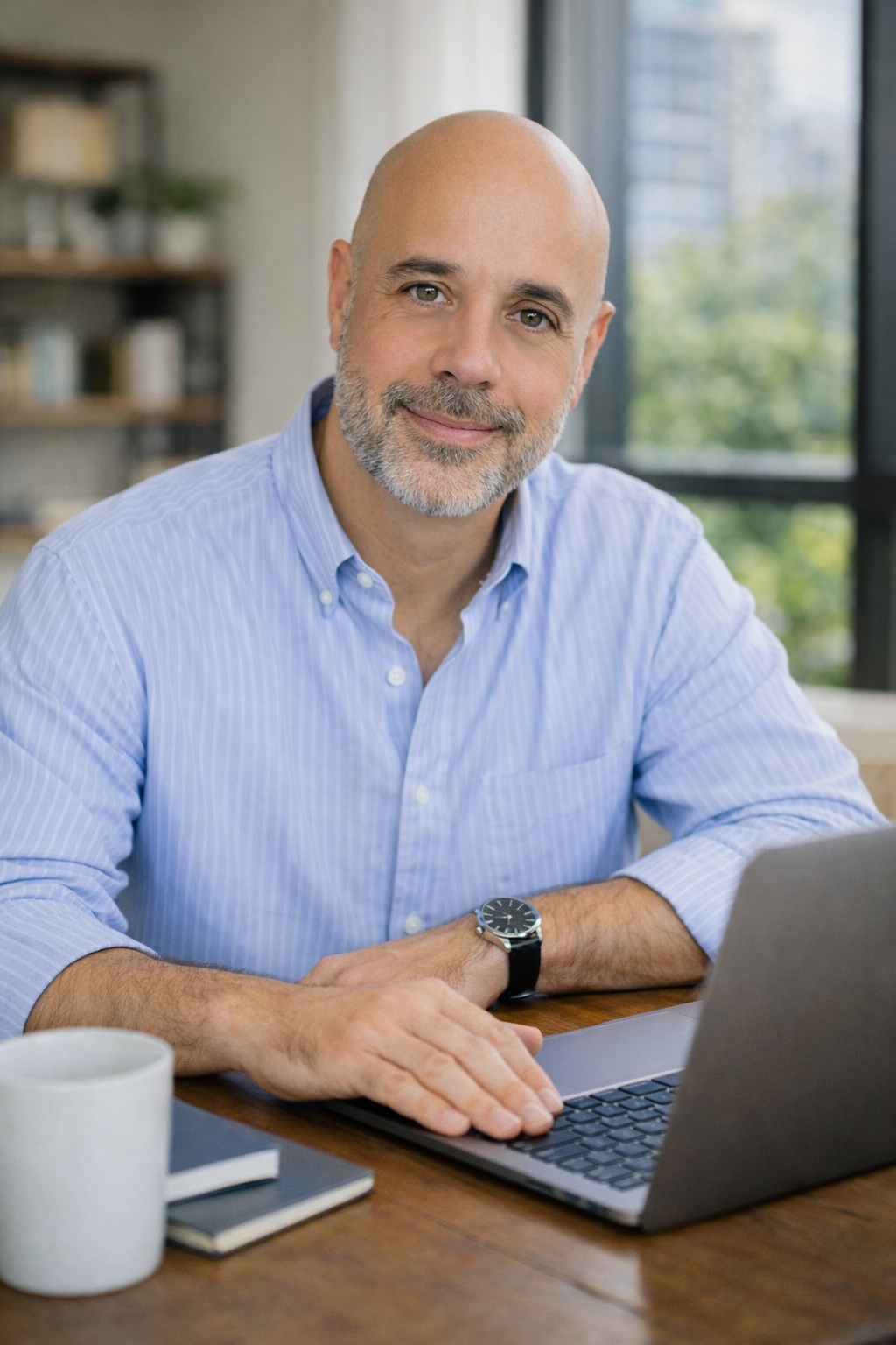 A middle-aged man with a beard and bald head, wearing a blue button-up shirt, sitting at a wooden table with a laptop, a coffee mug, and a closed notebook in an office or home workspace, smiling at the camera.