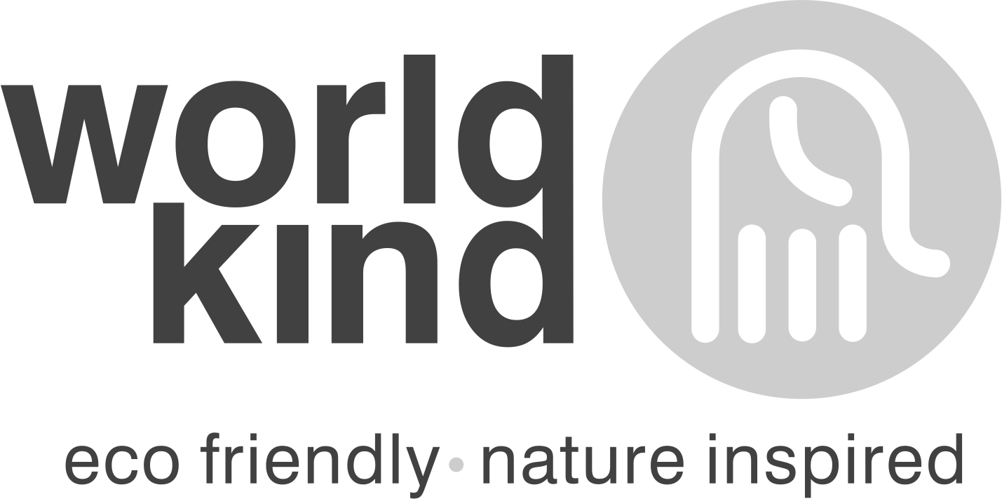 Logo for 'world kind' with the text 'eco friendly. nature inspired' and an icon of a hand with leaves.