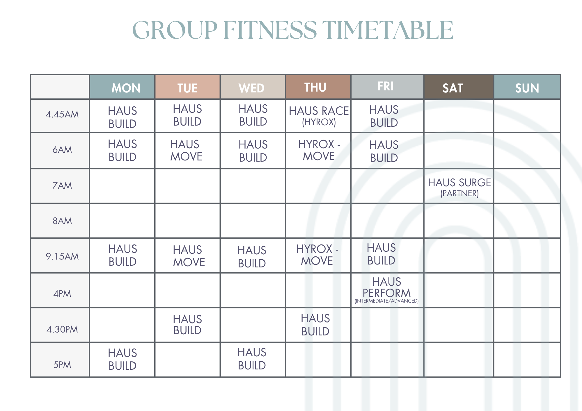 Timetable | Explore Class Schedules Today — TONE HAUS - OPENING SOON