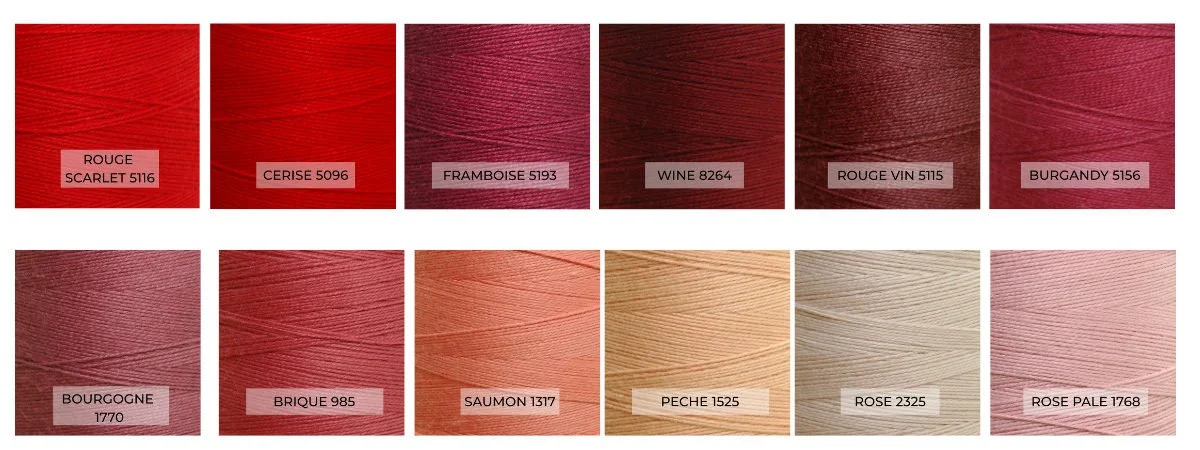 Maurice Brassard cotton yarn red and pink colors: Rouge Scarlet 5116, Cerise 5096, Framboise 5193, Wine 8264, Rouge Vin 5115, Burgandy 5156, Bourgogne 1770, Brique 985, Saumon 1317, Peche 1525, Rose 2325, Rose Pale 1768