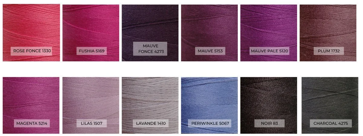 Maurice Brassard cotton yarn purple and pink colors: Rose Fonce 1330, Fushia 5169, Mauve Fonce 4273, Mauve 5153, Mauve Pale 5120, Plum 1732, Magenta 5214, Lilas 1507, Lavande 1410, Periwinkle 5067, Noir 83, Charcoal 4275