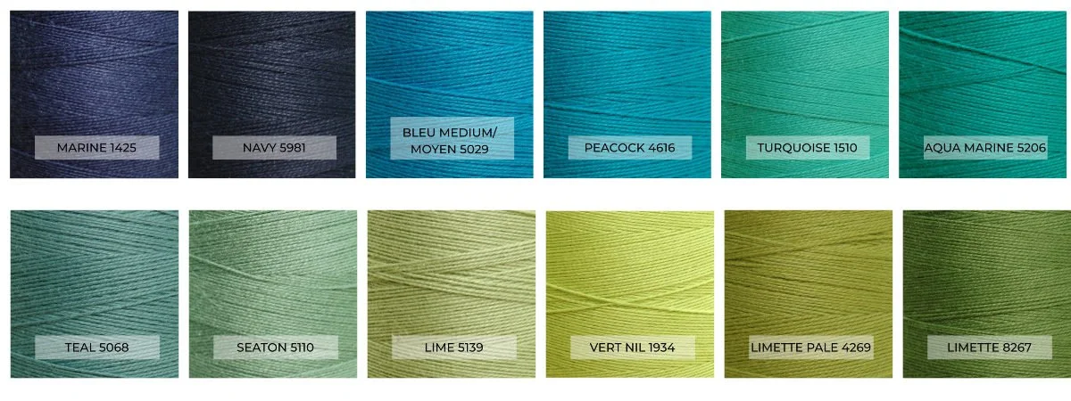 Maurice Brassard cotton yarn blue and green colors: Marine 1425, Navy 5981, Bleu Moyen 5029, Peacock 4616, Turquoise 1510, Aqua Marine 5206, Teal 5068, Seaton 5110, Lime 5139, Vert Nil 1934, Limette Pale 4269, Limette 8267