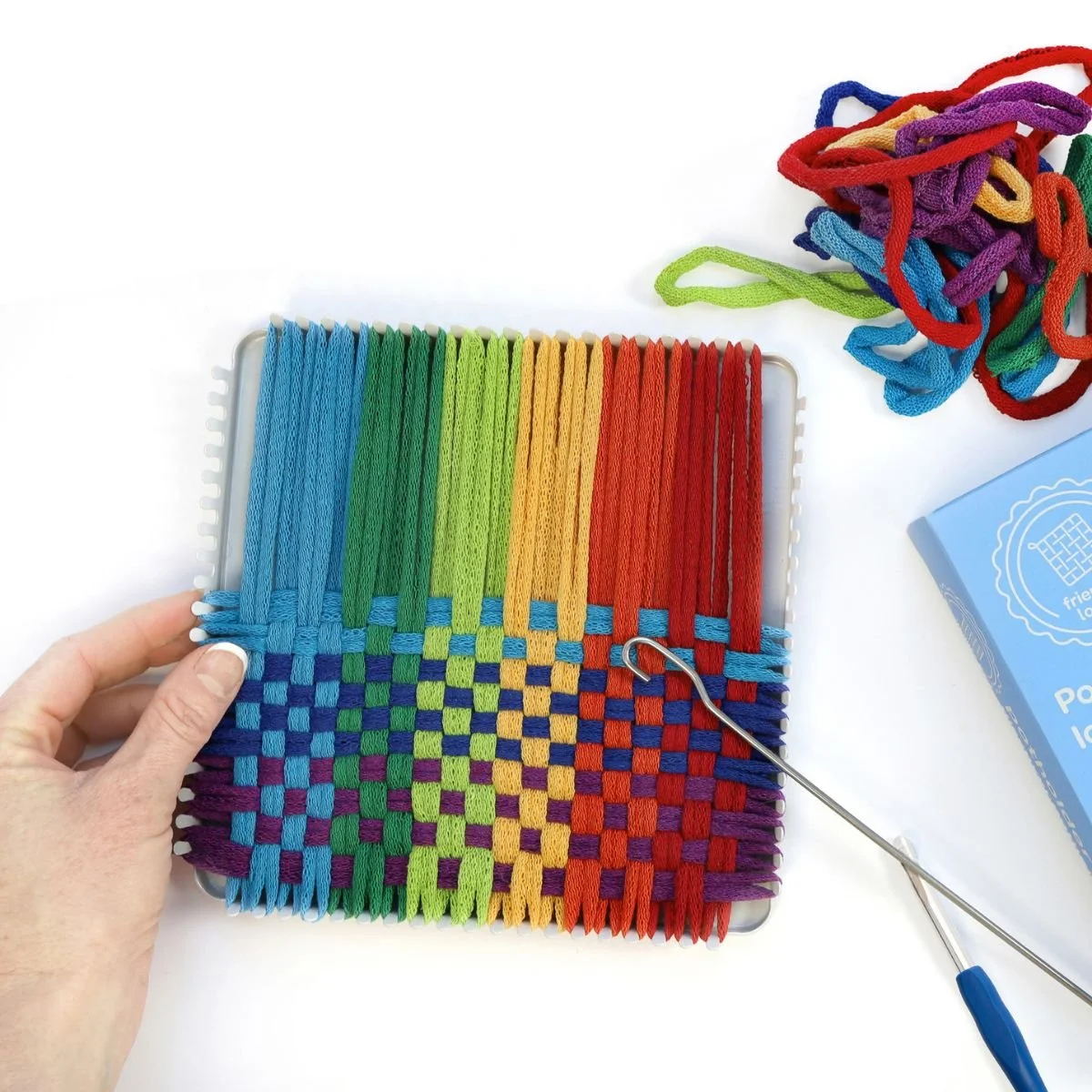 Friendly Loom™ potholder loom kit – Loom with Potholder in progress with hooks and loops,  Traditional Size