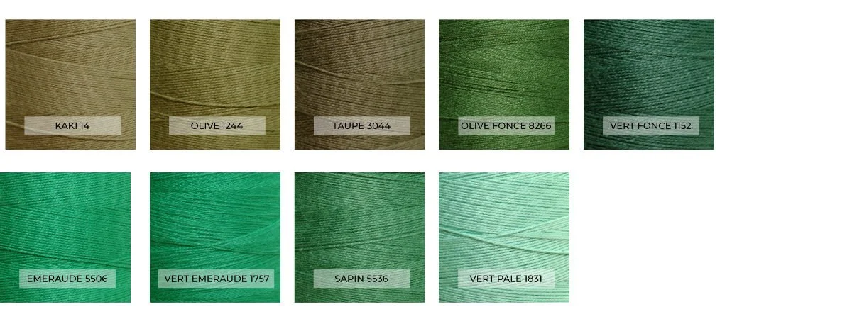 Maurice Brassard cotton yarn green colors: Kaki 14, Olive 1244, Taupe 3044, Olive Fonce 8266, Vert Fonce 1152, Emeraude 5506, Vert Emeraude 1757, Sapin 5536, Vert Pale 1831