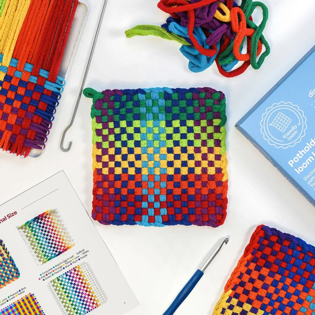 Friendly Loom™ potholder loom kit – Loom with Potholder in progress with hooks and loops,  Traditional Size