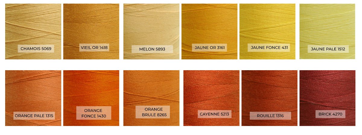Maurice Brassard cotton yarn yellow and orange colors: Chamois 5069, Vieil Or 1418, Melon 5893, Jaune Or 3161, Jaune Fonce 431, Jaune Pale 1512, Orange Pale 1315, Orange Fonce 1430, Orange Brule 8265, Cayenne 5213, Rouille 1316, Brick 4270