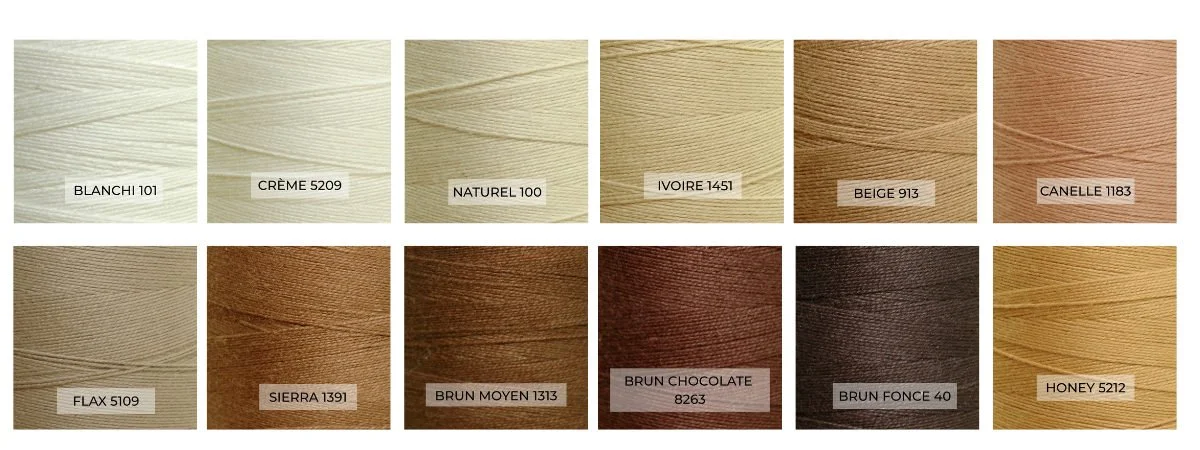 Maurice Brassard cotton weaving yarn cones in neutral colors: Blanchi 101, Creme 5209, Naturel 100, Ivoire 1451, Beige 913, Canelle 1183, Flax 5109, Sierra 1391, Brun Moyen 1313, Brun Chocolate 8263, Brun Fonce 40, and Honey 5212