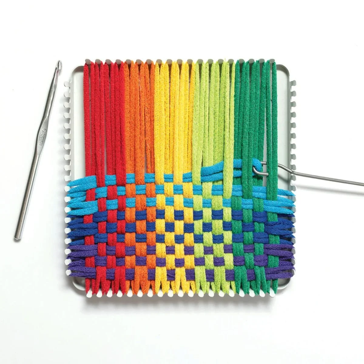 Friendly Loom™ potholder loom kit – Loom with Potholder in progress Traditional Size