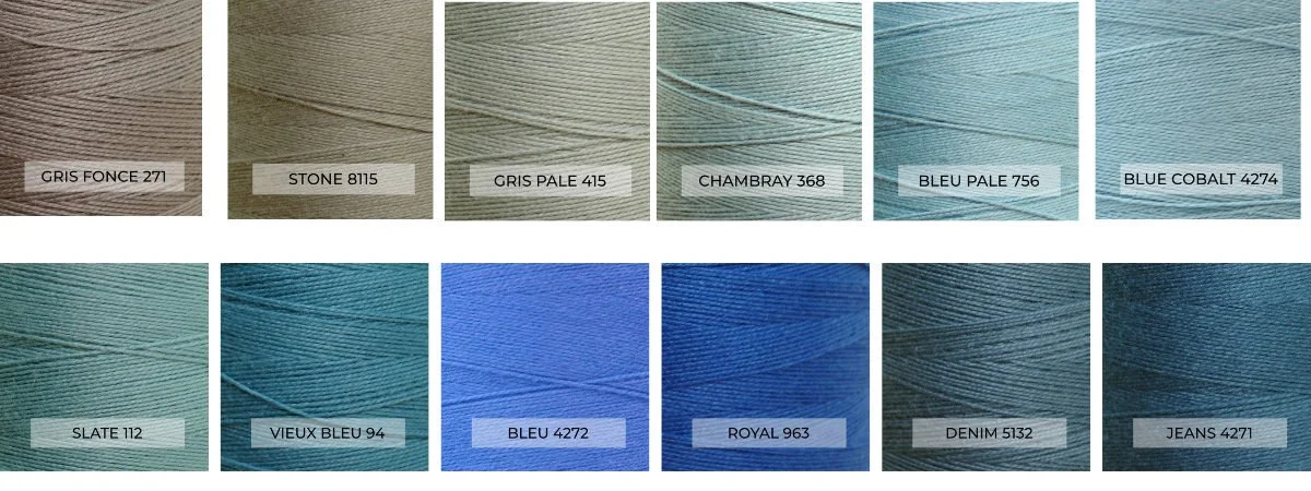 Maurice Brassard cotton yarn grey and blue colors: Gris Fonce 271, Stone 8115, Gris Pale 415, Chambray 368, Bleu Pale 756, Blue Cobalt 4274, Slate 112, Vieux Bleu 94, Bleu 4272, Royal 963, Denim 5132, Jeans 4271
