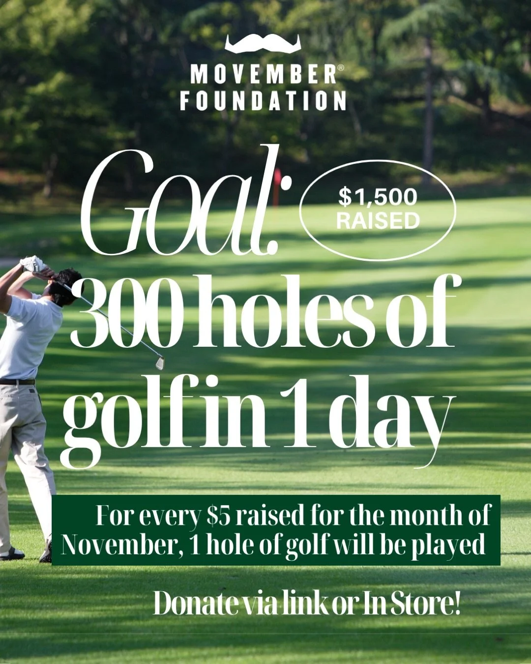 CHARITY EVENT at @theteeloungegolf with @butters00479 ⛳️ David will attempt to play 1 hole for every $5 raised for Movember, his goal is $1,500 so he will be playing 300 holes of golf in 24 hours! This will be completely live streamed to see if he ca