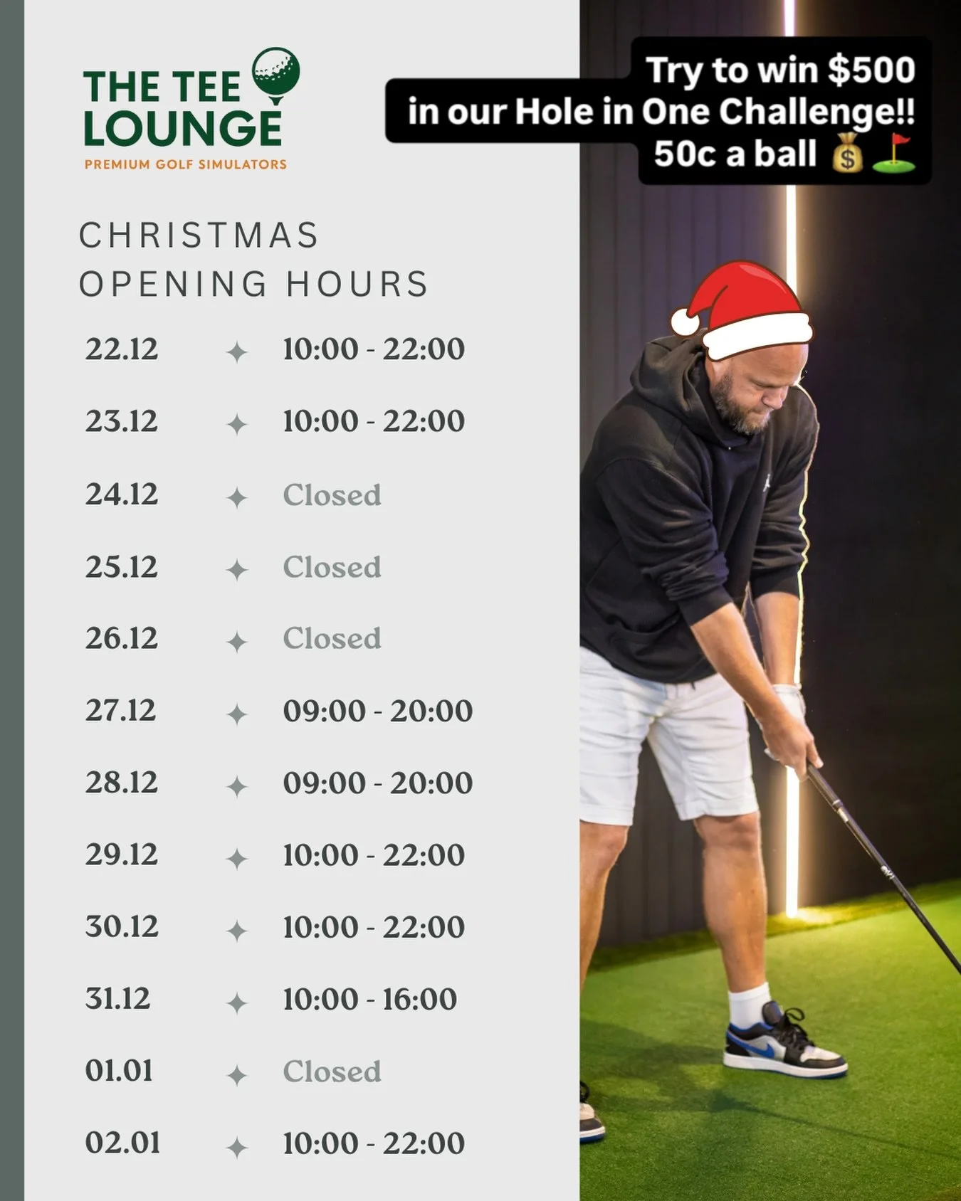 Christmas opening hours 🎄
Come down and play the par 3 at Swiss Alpine Golf Club for your chance to win $500 💰