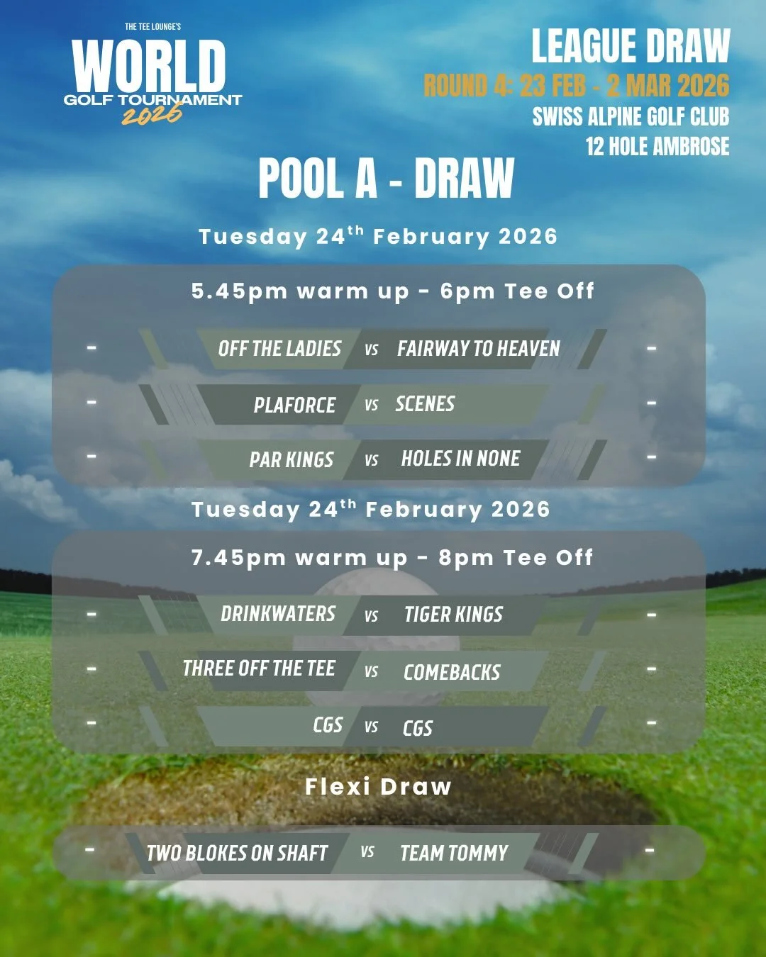 BREAKING NEWS: ROUND 5 this week is kicking off at Swiss Alpine Golf Club where the air is thin, the carries are long and every shot is a challenge. The high altitude, tight fairways and mountain winds are gonna make a great round for these golfers d