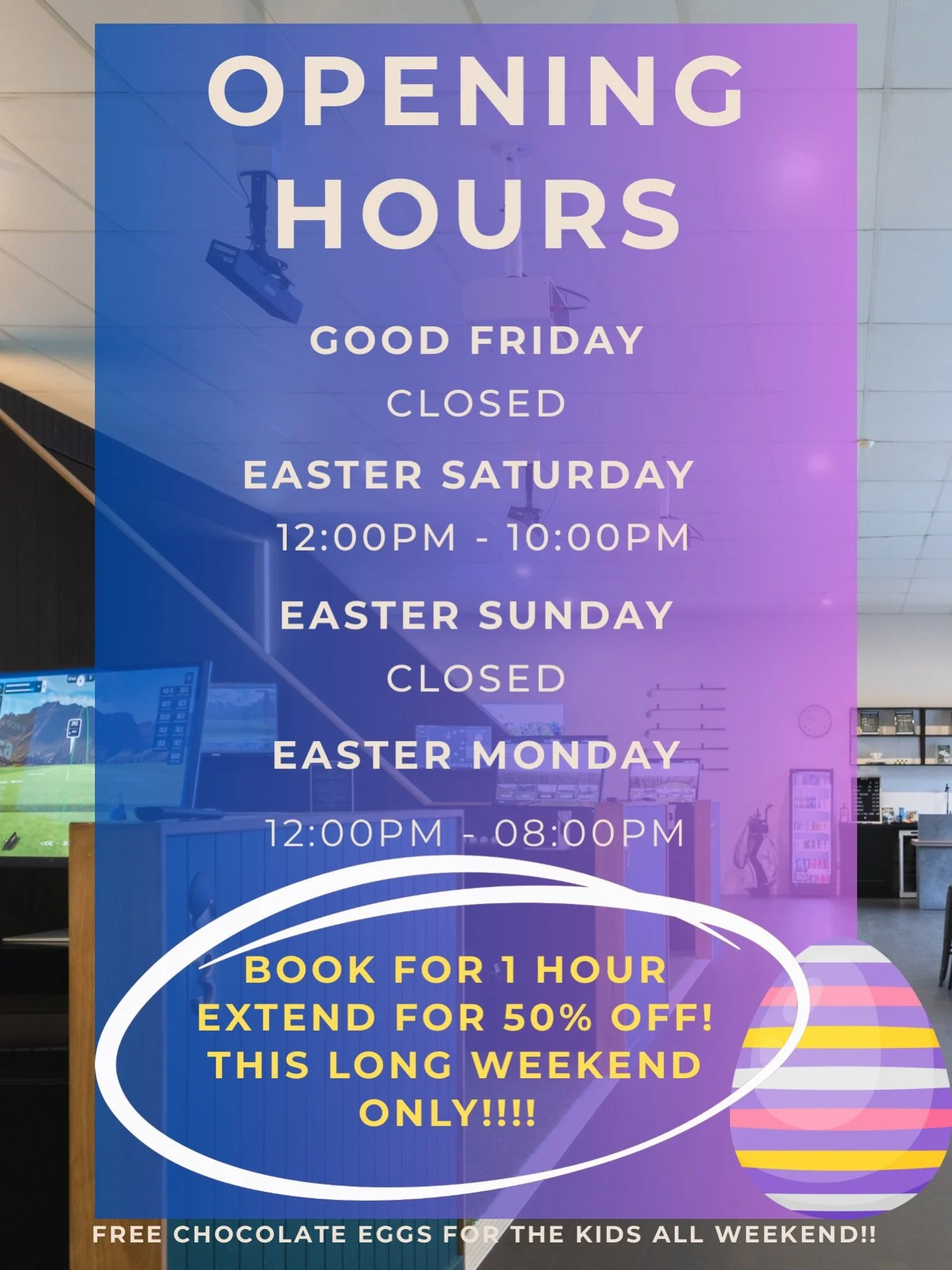 Did you say EXTEND YOUR SESSION FOR 50% OFF 😱😱

Book 1 hour online, extend in store (subject to availability)

Celebrating Easter this weekend we are providing our clients a special to some join us! There will be Easter eggs for the kids and cheap 