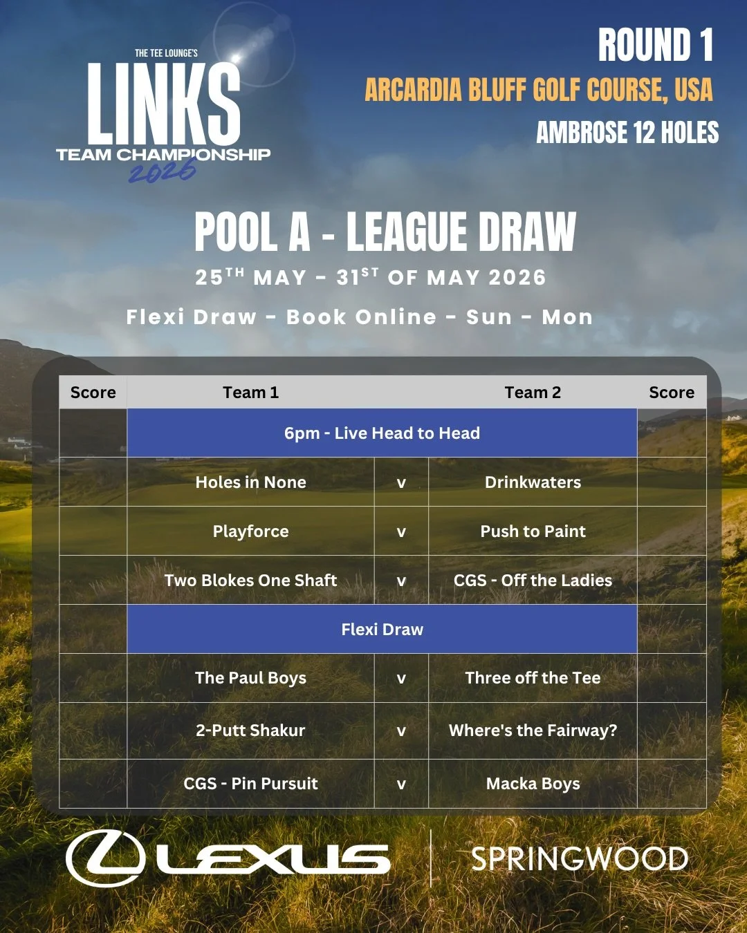 Round 1 of the Links Team Championship is officially here!!! 🏆

Teams go Head to Head to see if they can get off to a good start. Arcadia Bluffs is famous for being a good scoring course, fairly open and nice scoring approaches if you can hit the ri