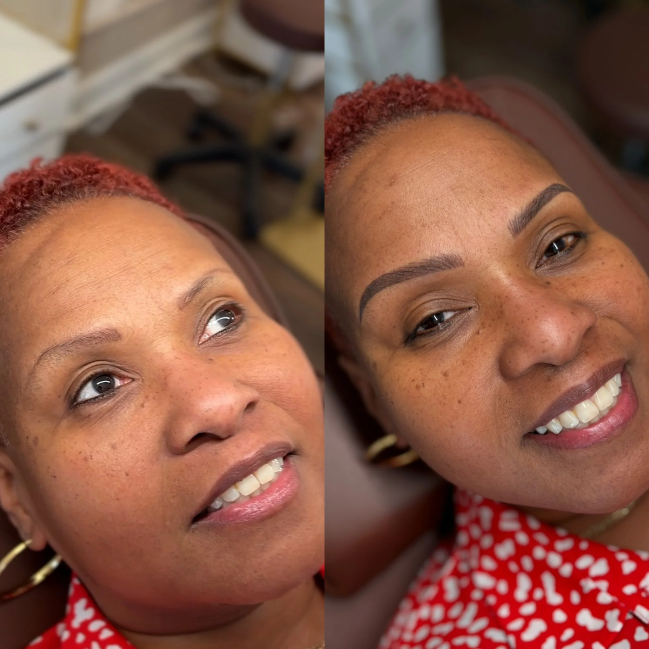 Before and after images of a woman with short reddish hair, showing her face with freckles. The left side shows her without makeup, and the right side shows her with freshly applied eyebrows and makeup, smiling with teeth visible.