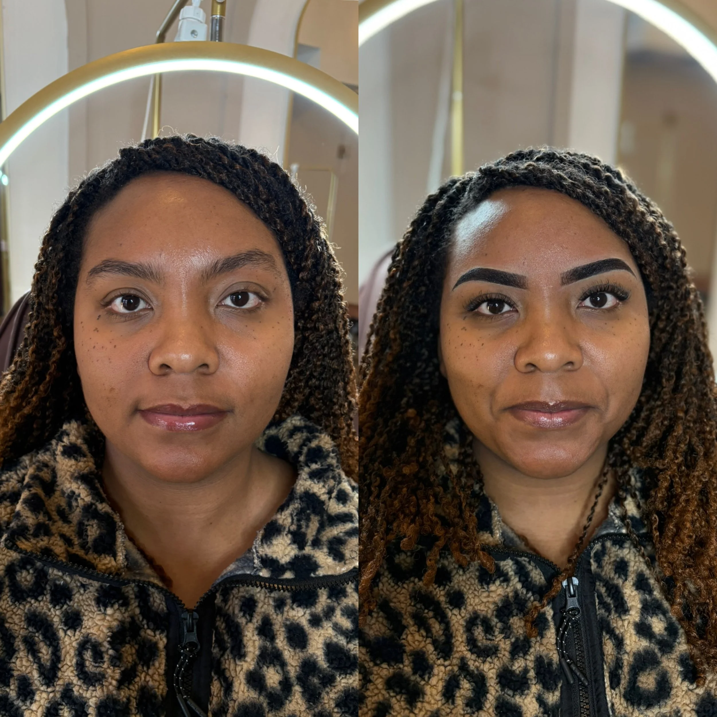 Side-by-side comparison of woman before and after makeup, with curly hair, freckles, and leopard-print jacket.
