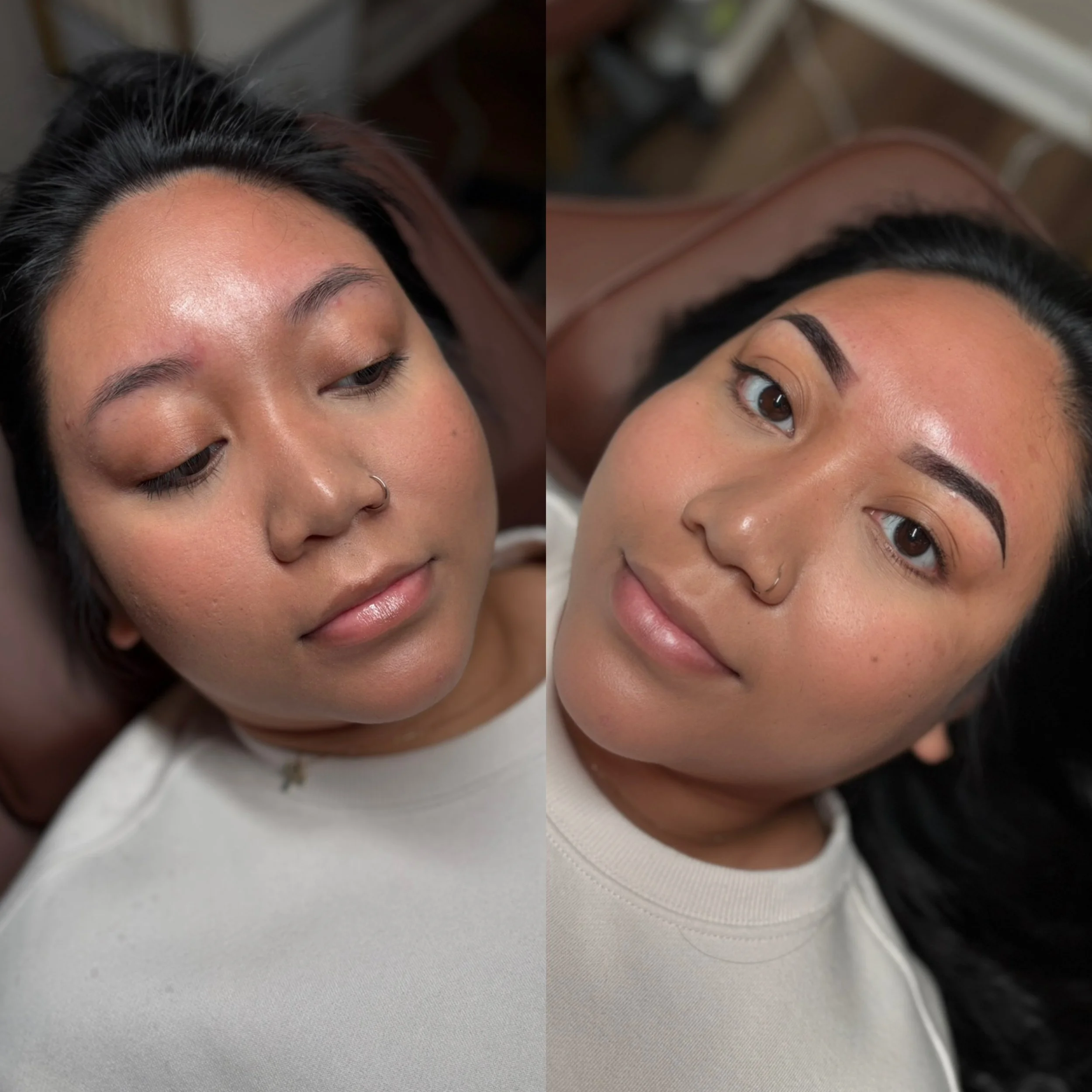 A woman before and after getting eyebrows shaped and filled in, showing a noticeable difference in eyebrow fullness and definition.