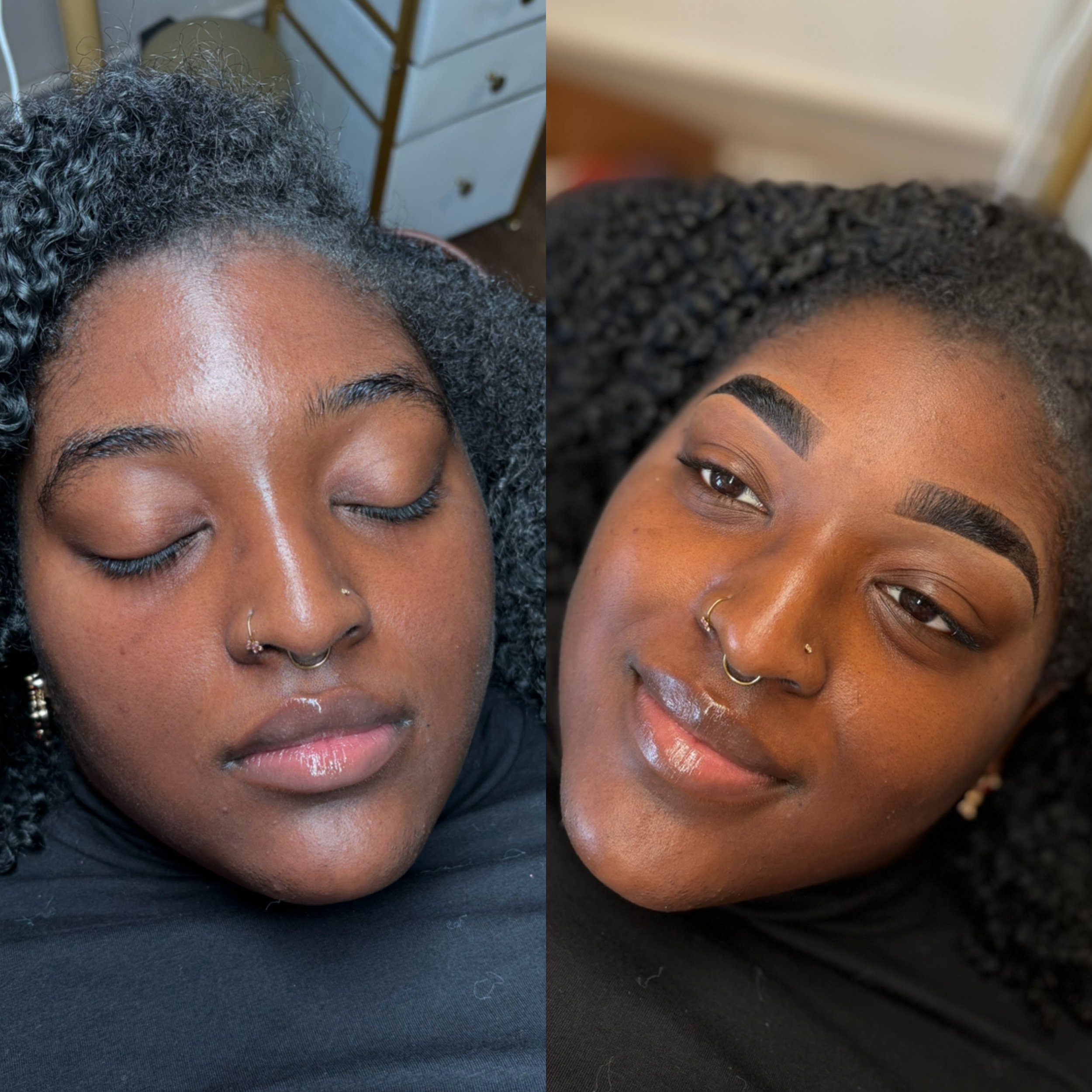 Side-by-side comparison of a woman with natural curly hair, before and after receiving eyebrow grooming, showing well-shaped arched eyebrows and natural appearance.