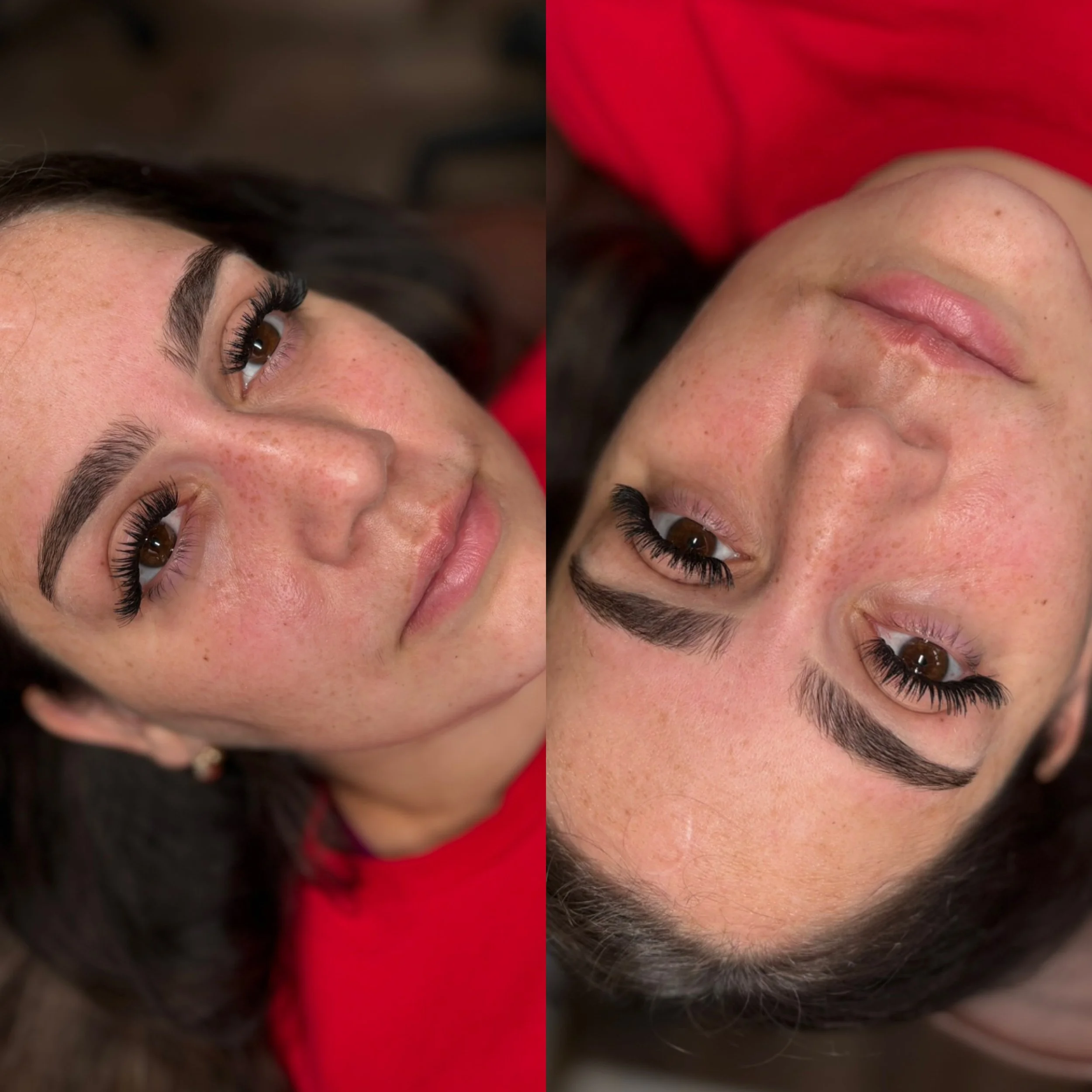 Close-up of a woman's face with well-groomed eyebrows, long eyelashes, and freckles, wearing a red top, lying down with her eyes open.