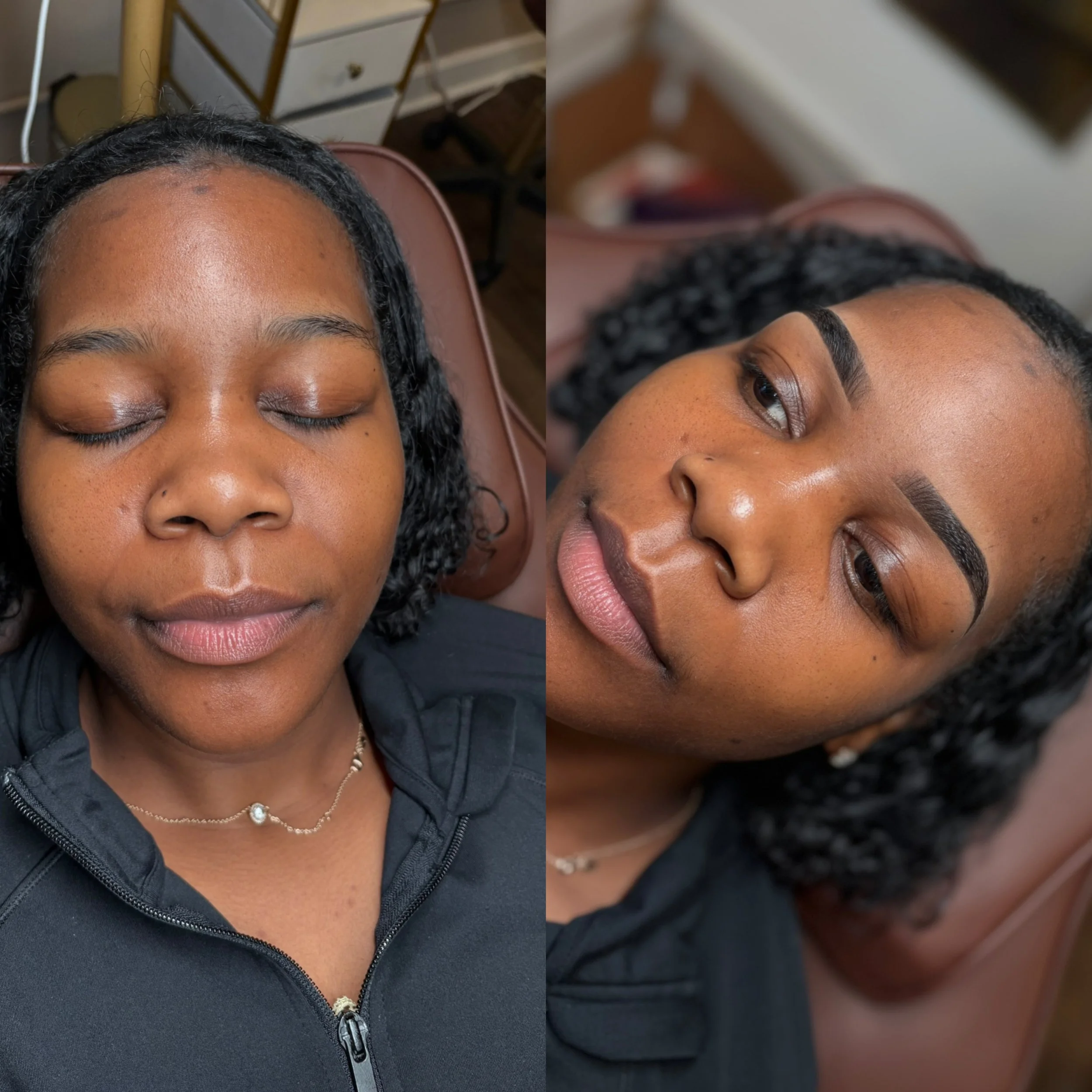 Close-up image of a woman with newly done, well-defined eyebrows and long, curly black hair, relaxing at a beauty salon with her eyes closed.