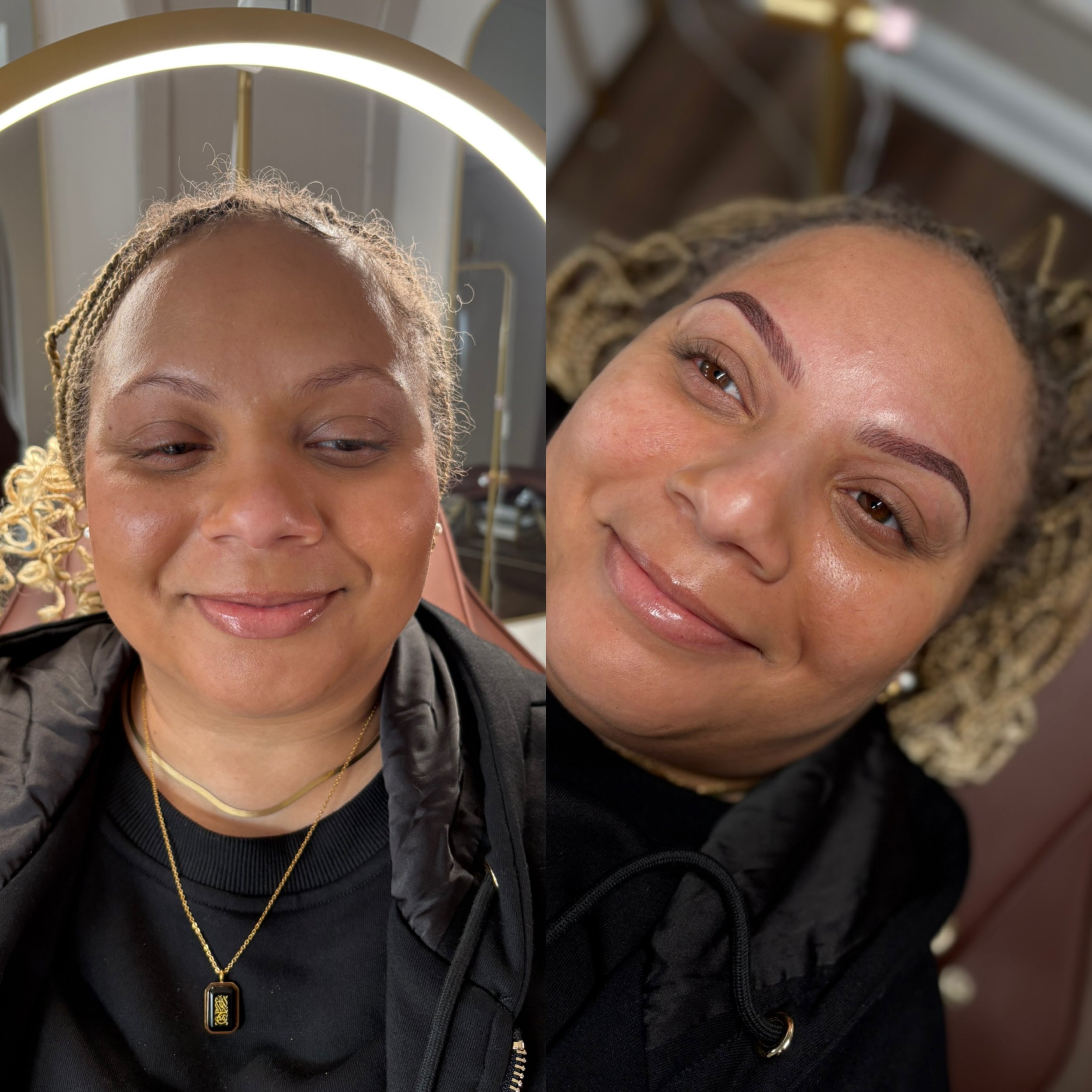 Side-by-side images of a woman before and after a beauty treatment. The left image shows her with minimal makeup, while the right image shows her with freshly done eyebrows and a radiant smile.