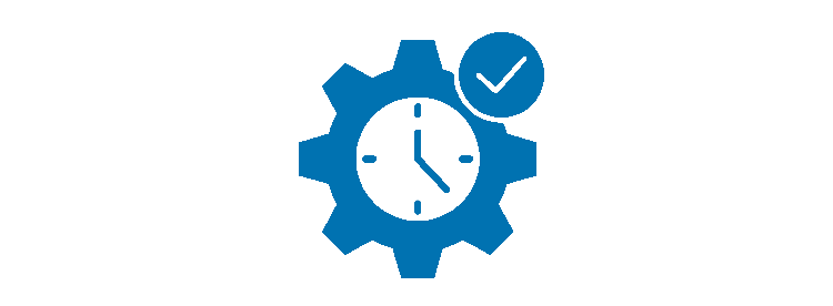 Icon of a gear with a clock inside and a checkmark in a circle