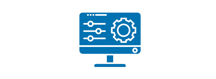 Icon of a computer monitor with settings sliders and a gear symbol, representing system configuration or software settings.