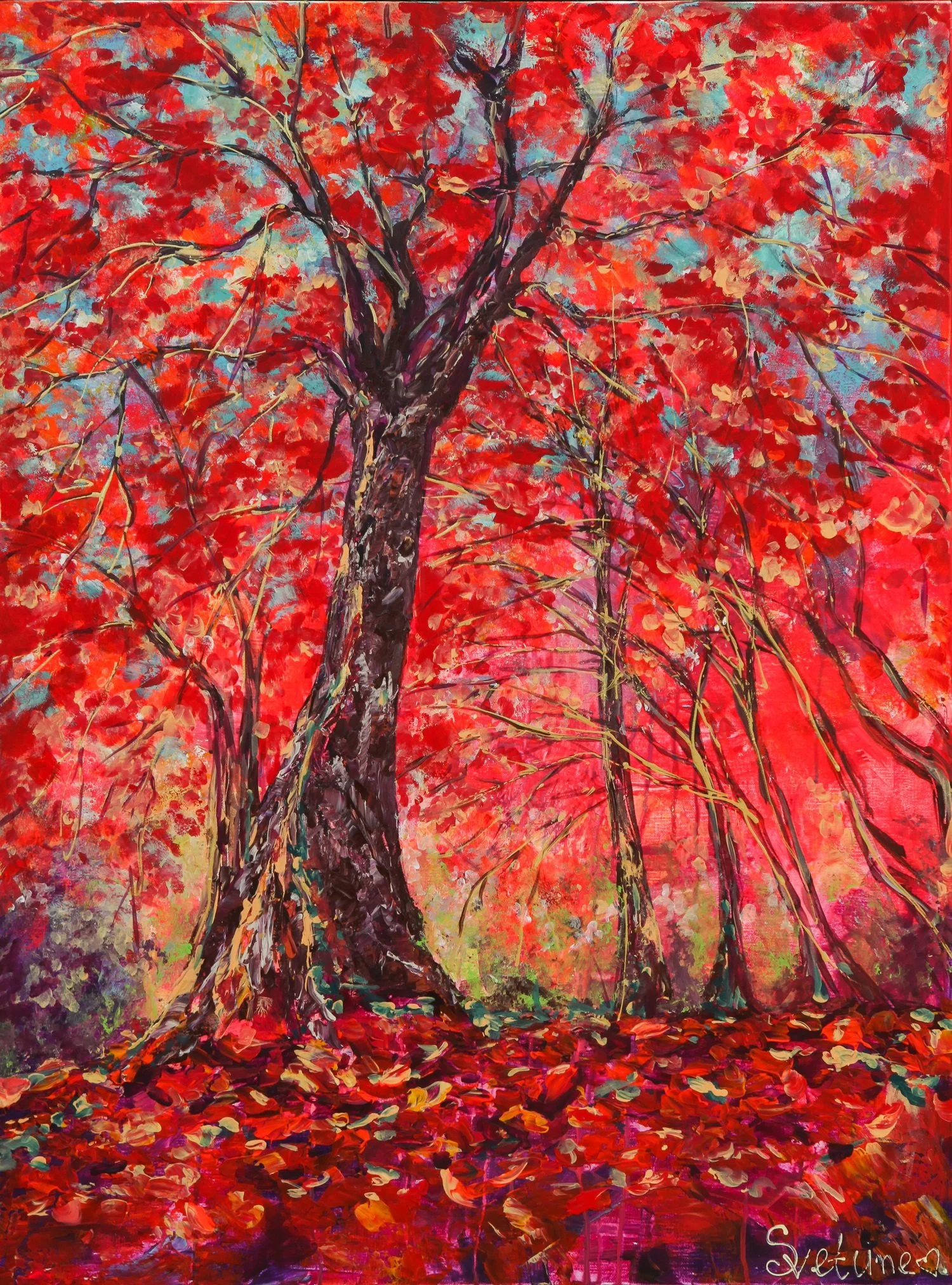 A colorful painting of a tree with vibrant red leaves, surrounded by a forest in autumn. The ground is covered with fallen leaves in shades of red and orange, creating a warm and lively atmosphere.