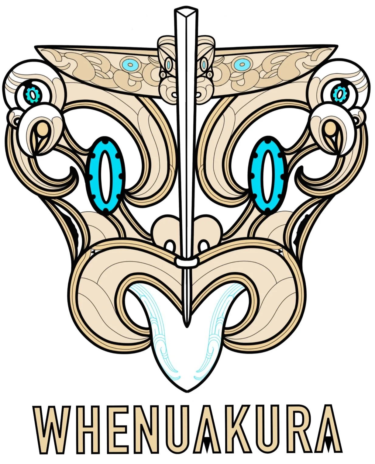 A stylized, symmetrical indigenous Māori design resembling a tiki face with prominent eyes, nose, and tongue, with the word WHENUAKURA beneath.