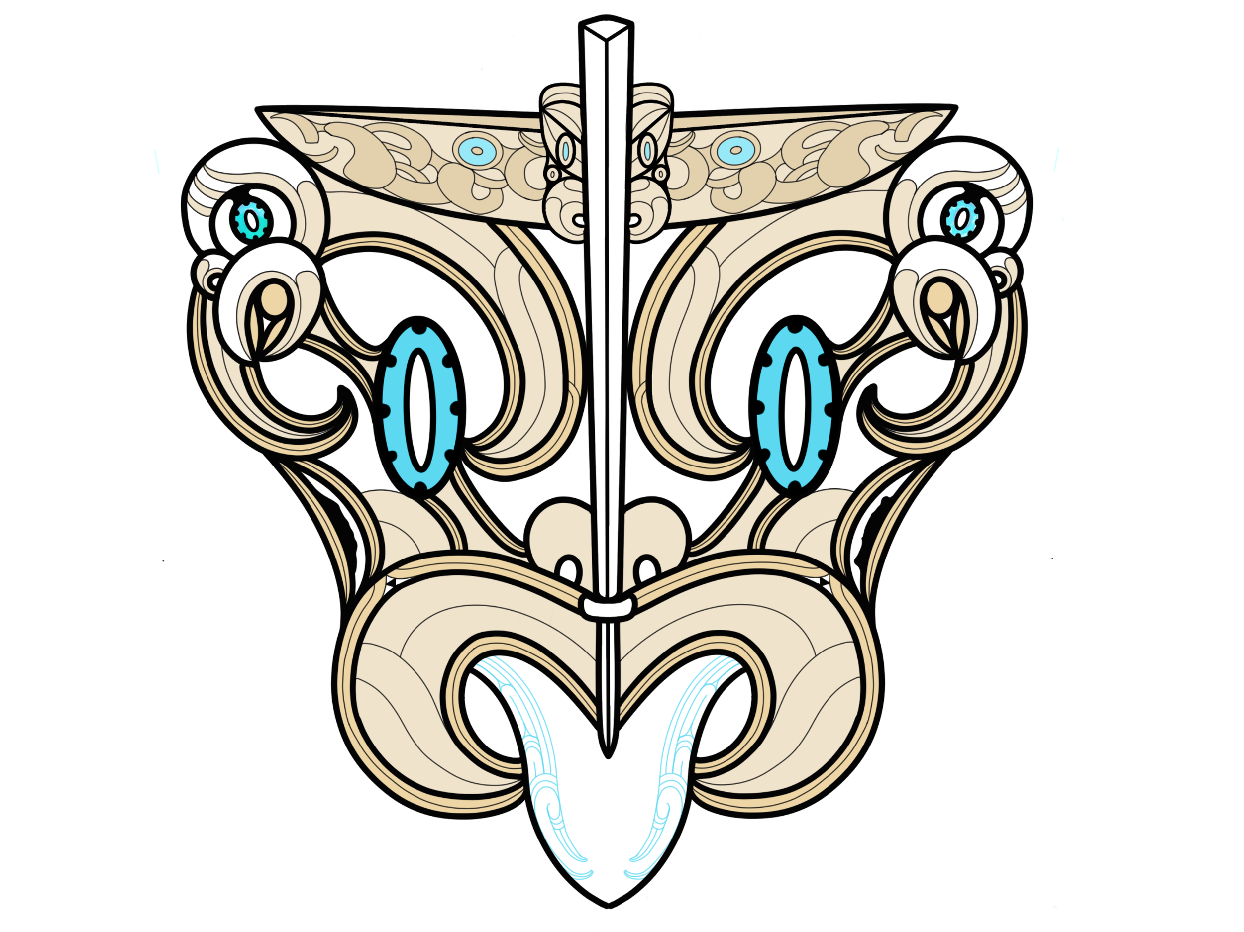 Abstract symmetrical design with swirling patterns and blue accents