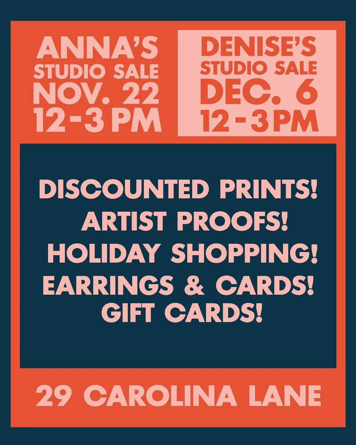 STUDIO SALES!!!

Nov. 22, 12-3pm get an exclusive look at Anna&rsquo;s deeply discounted last chance prints and artist proofs and see her new work!

Dec. 6, 12-3pm do some holiday shopping and get a special viewing of Denise&rsquo;s work! Monoprints,