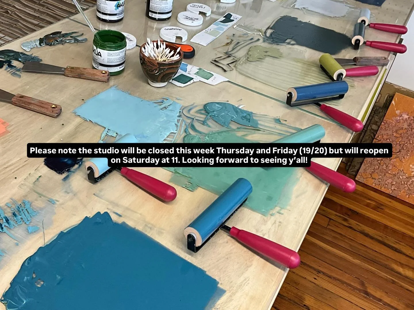 We will be closed this Thursday and Friday (the 19th and 20th). Anna will be set up at the American Craft Council Show in Baltimore and Denise will be at the Grove Park Inn teaching Linoblock with an Arts &amp; Crafts twist. See you on Saturday ! Ope
