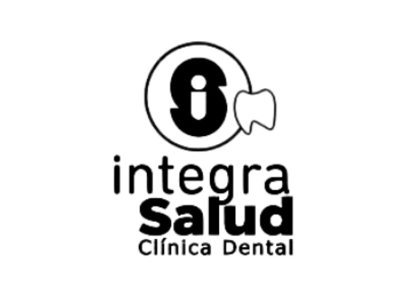 Logotipo en blanco y negro con un icono de un diente y una letra 'i' en el centro, acompañada por el texto 'integra salud Clínica Dental'.