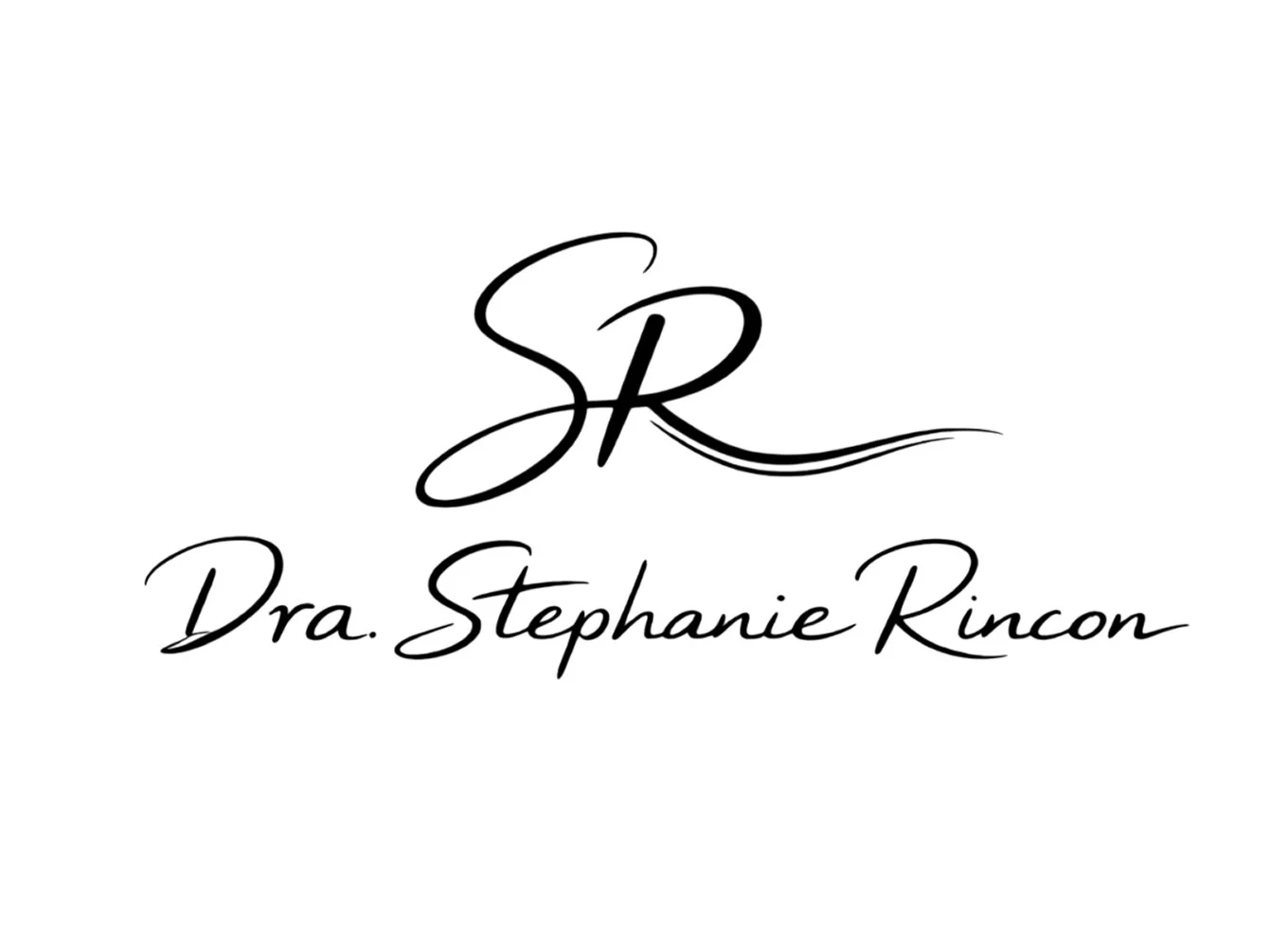 Logotipo que dice 'Dr. Stephanie Rincon' con iniciales 'SR' en un estilo de letra cursiva y elegante en blanco y negro.