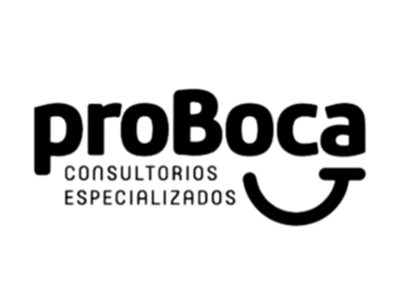Logo en blanco y negro que dice 'proBoca' en letras grandes, con la palabra 'CONSULTORIOS' y 'ESPECIALIZADOS' debajo en letras más pequeñas, y un diseño de semicírculo que parece una boca sonriente que rodea una letra 'G' invertida.