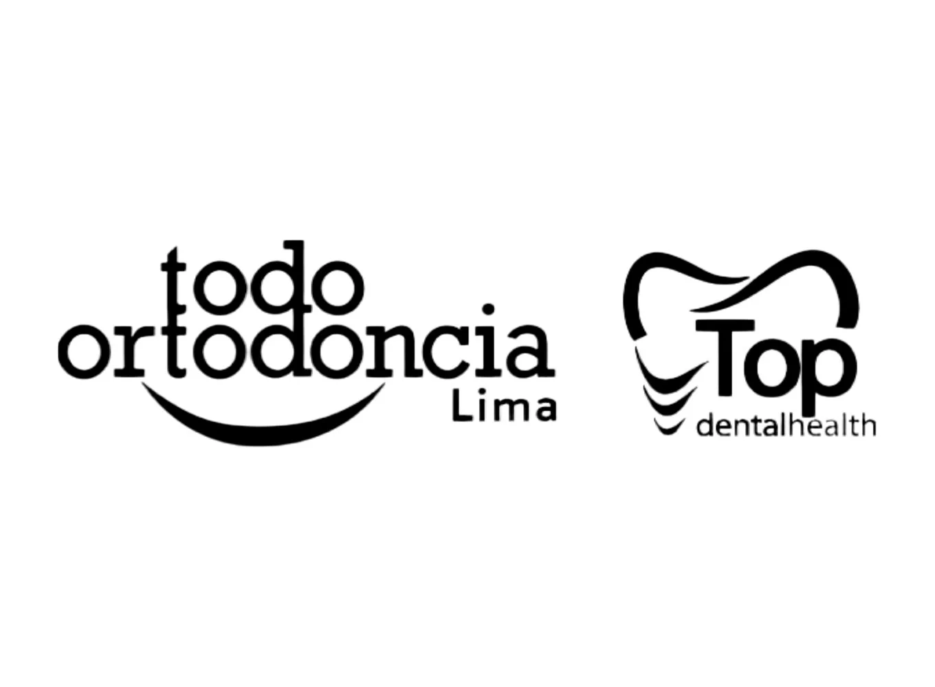 Dos logotipos en negro y blanco relacionados con odontología en Lima. El primero dice 'todo ortodoncia Lima' con una sonrisa debajo; el segundo dice 'Top dentalhealth' con una imagen de un diente estilizado.