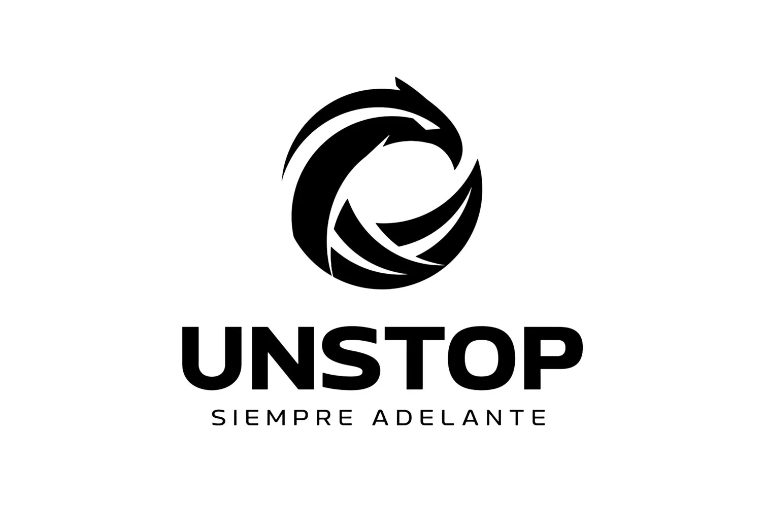 Logotipo en blanco y negro de UNSTOP, con un símbolo circular abstracto arriba y las palabras 'UNSTOP' en letra grande y 'SIEMPRE ADELANTE' en letra pequeña debajo.