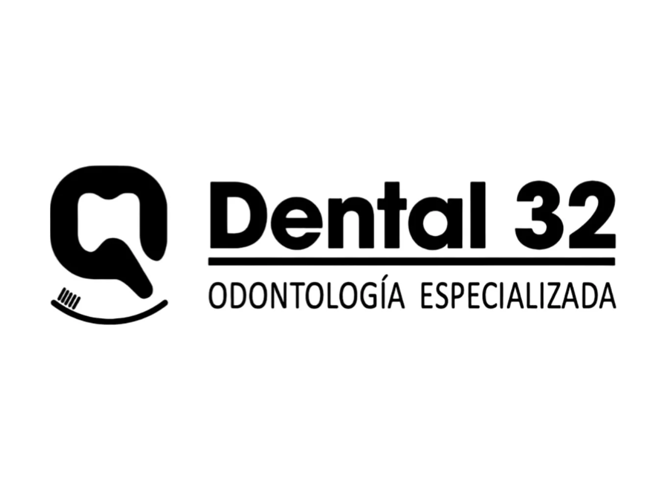 Logotipo de Dental 32 con símbolo de un diente y un cepillo de dientes, con el texto 'Dental 32' y 'Odontología Especializada' debajo en letra negra.