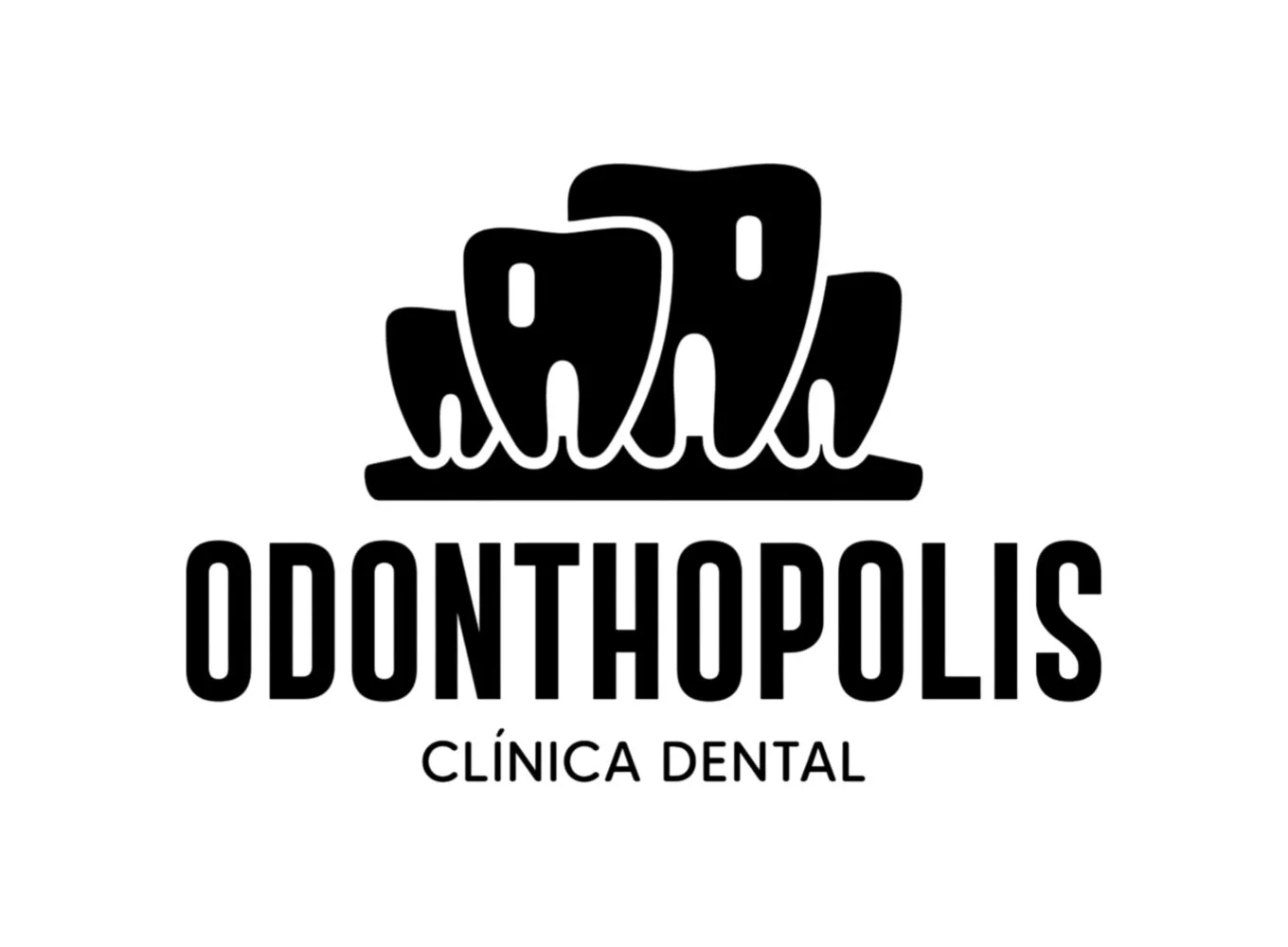 Logo de la clínica dental Odonthopolis con una imagen estilizada de dientes en negro y letras en negro que dicen 'Odonthopolis Clínica Dental'.