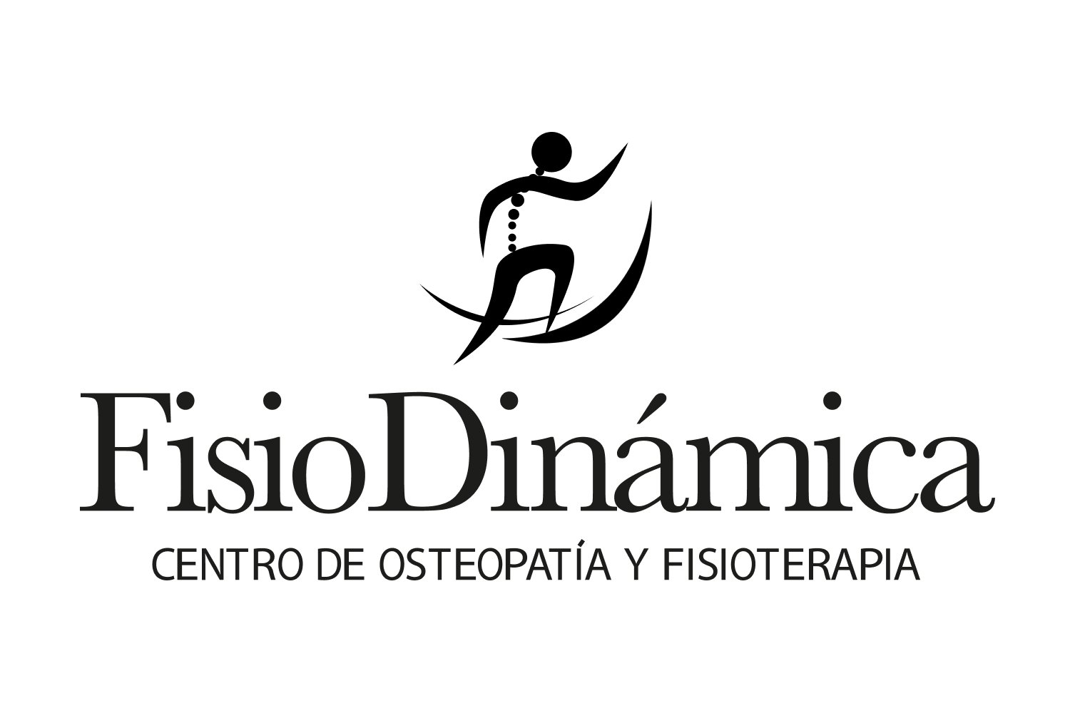Logotipo de FisioDinámica, centro de osteopatía y fisioterapia con un diseño de figura humana en movimiento.