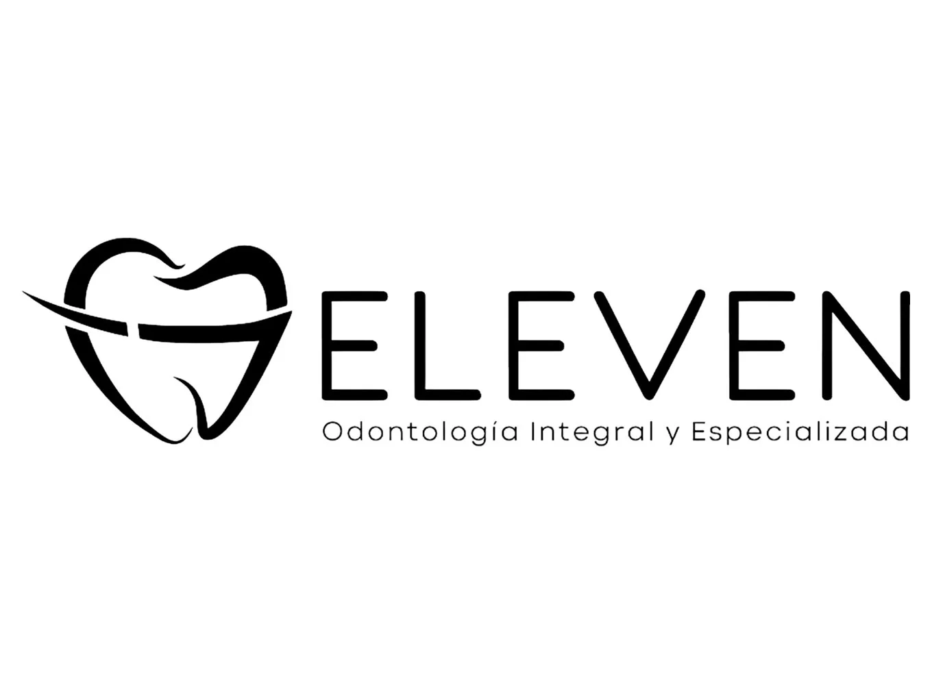 Logotipo de una clínica dental llamada ELEVEN, con una silueta de un diente y un cepillo, y el texto 'Odontología Integral y Especializada'.
