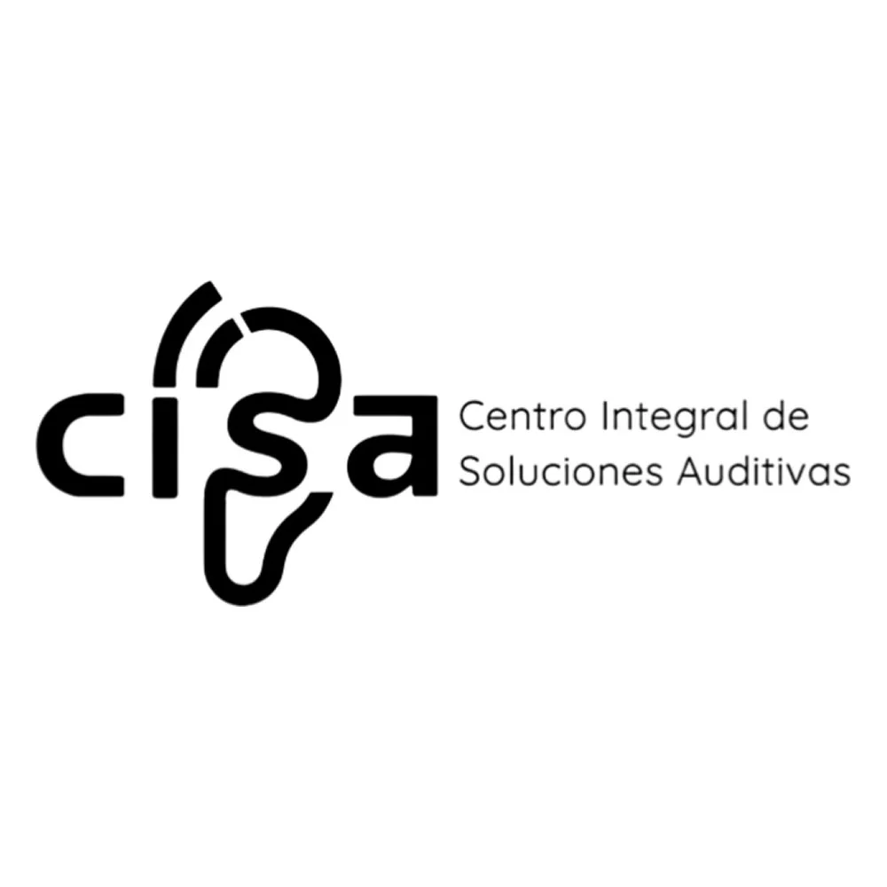 Logotipo del Centro Integral de Soluciones Auditivas con letras en negro y un diseño gráfico abstracto.