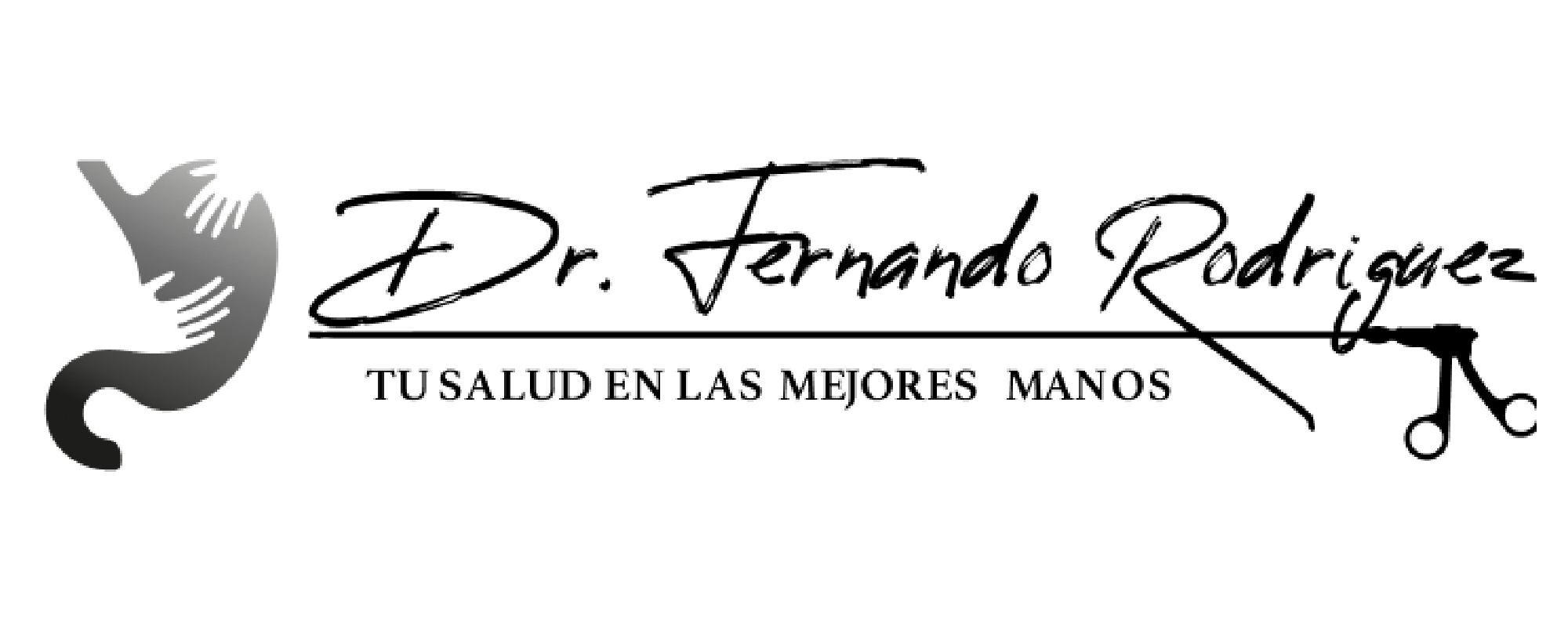 Logotipo que combina un icono en forma de mano y tijeras en tonos grises con texto que dice 'Dr. Fernando Rodriguez' y en letra más pequeña 'Tu salud en las mejores manos'.