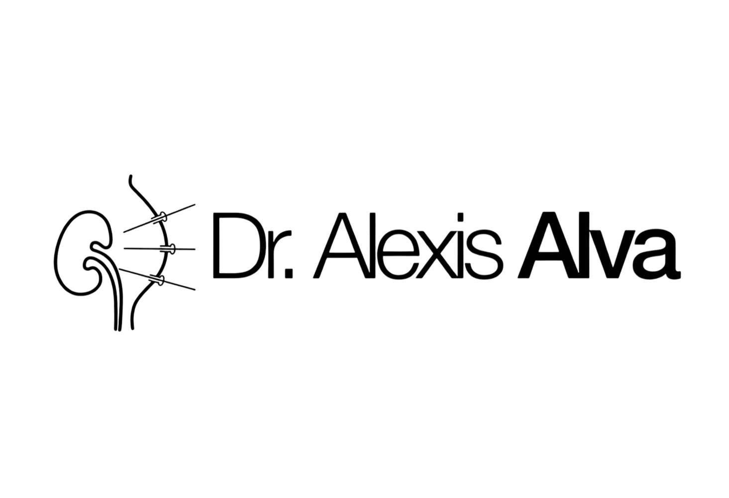 Logotipo de un doctor llamado Dr. Alexis Alva acompañado de un dibujo esquemático de un riñón y agujas en un estilo minimalista y en color negro.