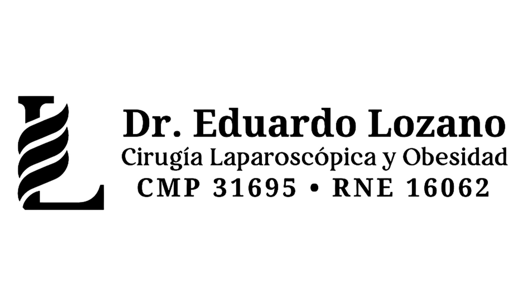 Cartel con el logo de dos espirales negras y el texto: Dr. Eduardo Lozano, Cirugía Laparoscópica y Obesidad, CMP 31695, RNE 16062.