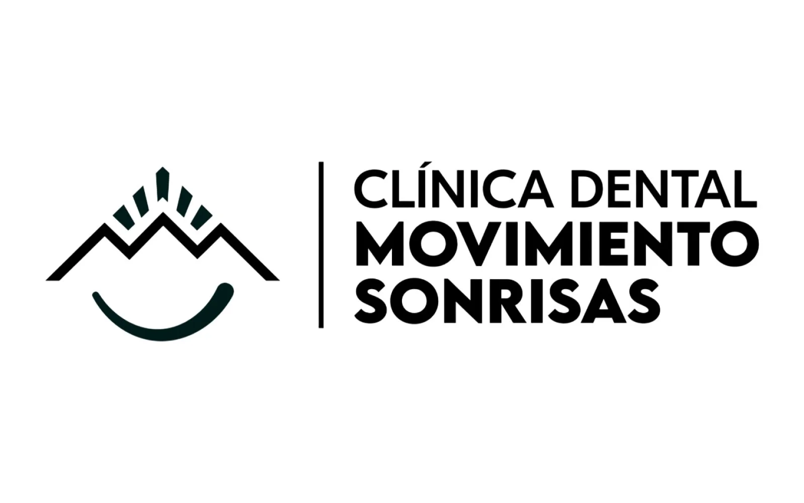 Logotipo de una clínica dental llamada 'Clínica Dental Movimiento Sonrisas'. El logotipo presenta una sonrisa estilizada debajo de un dibujo de montañas, todo en color oscuro sobre fondo blanco.