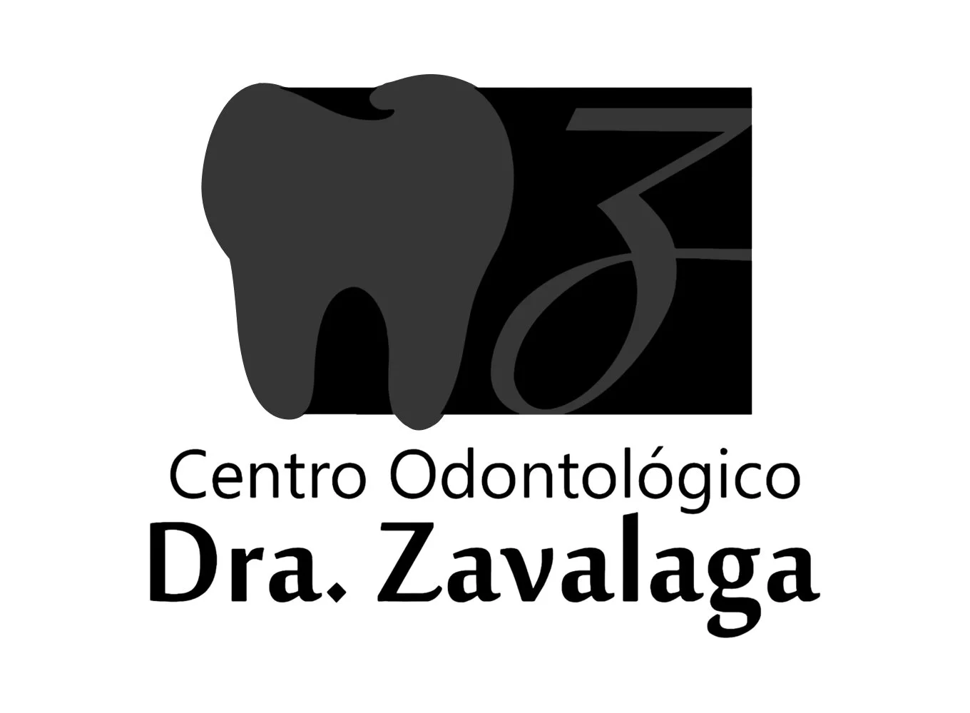 Logotipo en tonos grises y negros con un diente de color oscuro y el nombre "Centro Odontológico Dra. Zavalaga" en letras negras.