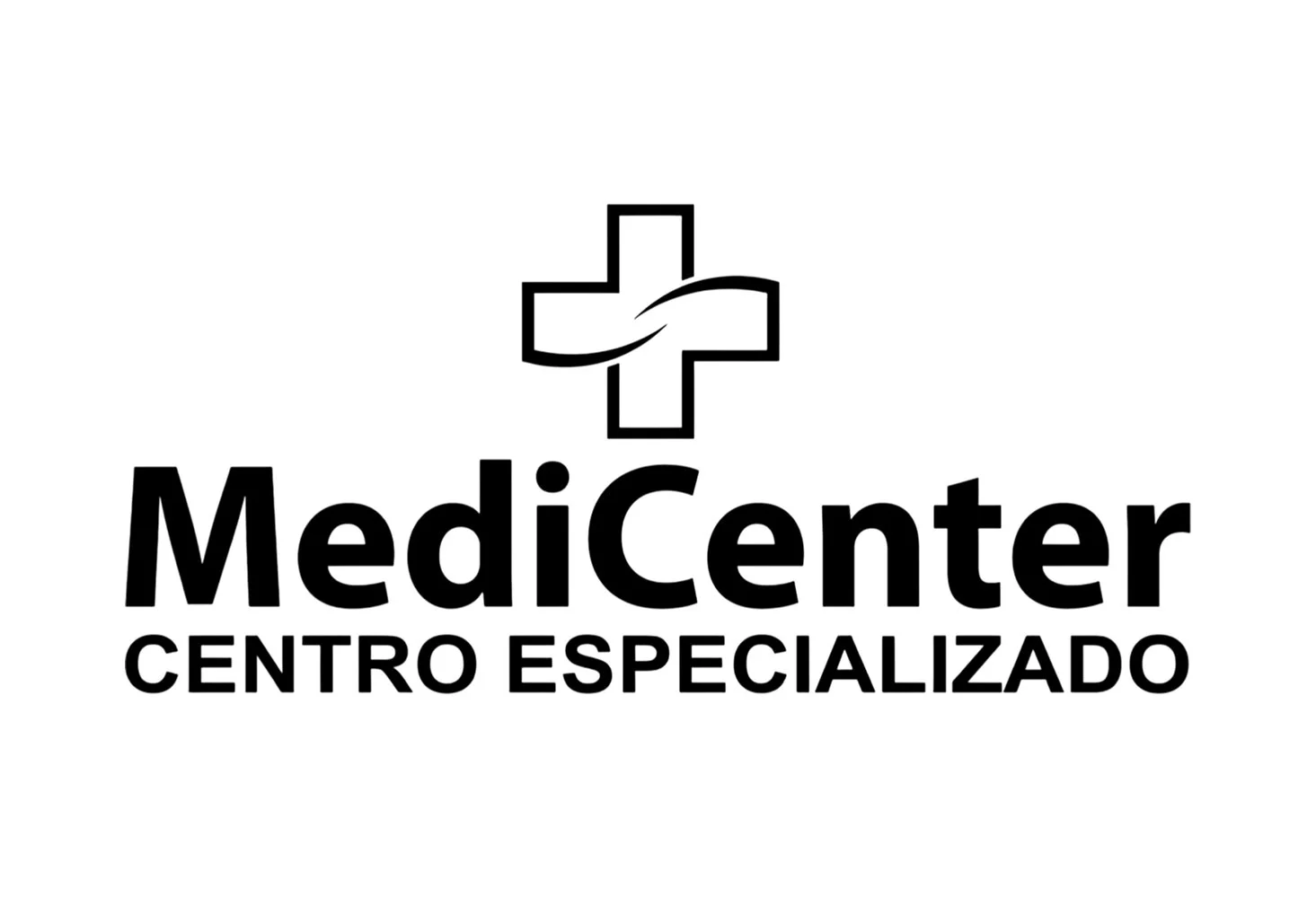Logo en blanco y negro con una cruz médica y la palabra 'Medicenter' en letras grandes, con la frase 'Centro Especializado' debajo.