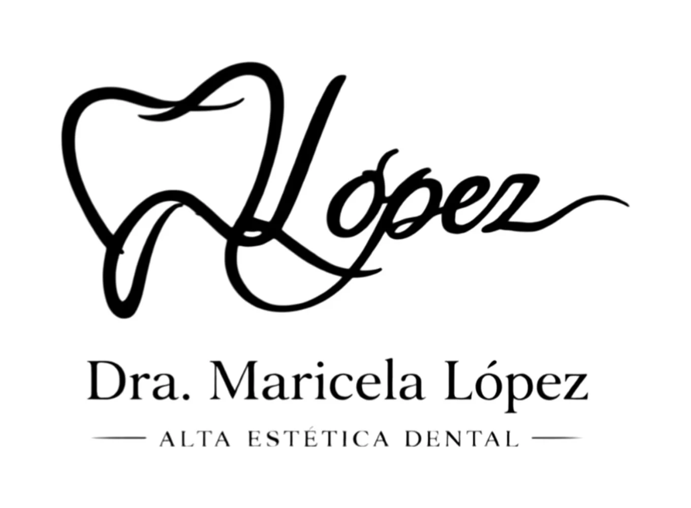 Logotipo de una clínica dental llamada 'López' con un corazón y la firma estilizada, que dice 'Dra. Maricela López - Alta Estética Dental'.